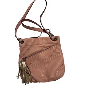 B Makowsky Pink Leather Studded Tassel Crossbody Shoulder Bag